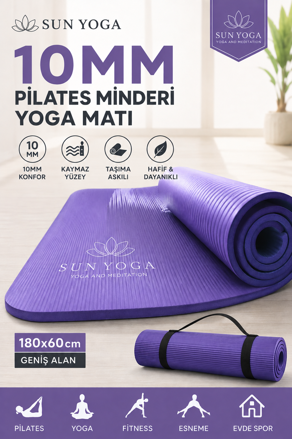 10 mm Pilates Minderi Yoga Matı 180x60 cm Kaymaz Spor Egzersiz Minderi Taşıma Askılı Fitness Matı