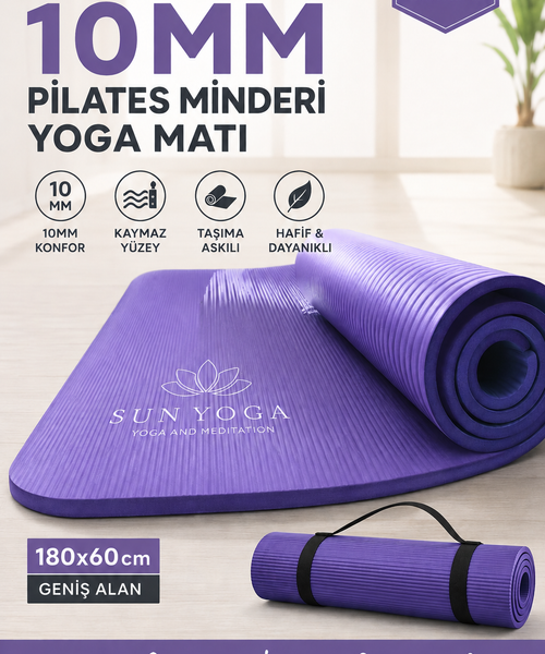 10 mm Pilates Minderi Yoga Matı 180x60 cm Kaymaz Spor Egzersiz Minderi Taşıma Askılı Fitness Matı