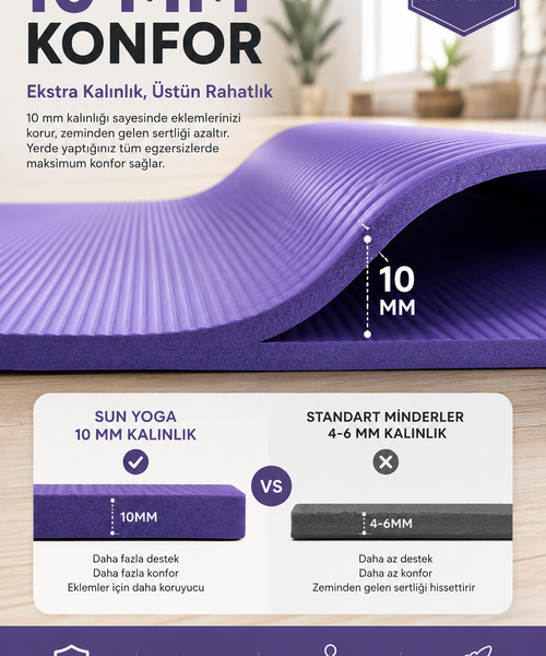 10 mm Pilates Minderi Yoga Matı 180x60 cm Kaymaz Spor Egzersiz Minderi Taşıma Askılı Fitness Matı