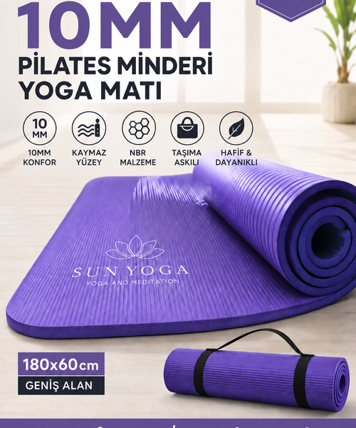 10 mm Pilates Minderi Yoga Matı 180x60 cm Kaymaz Spor Egzersiz Minderi Taşıma Askılı Fitness Matı