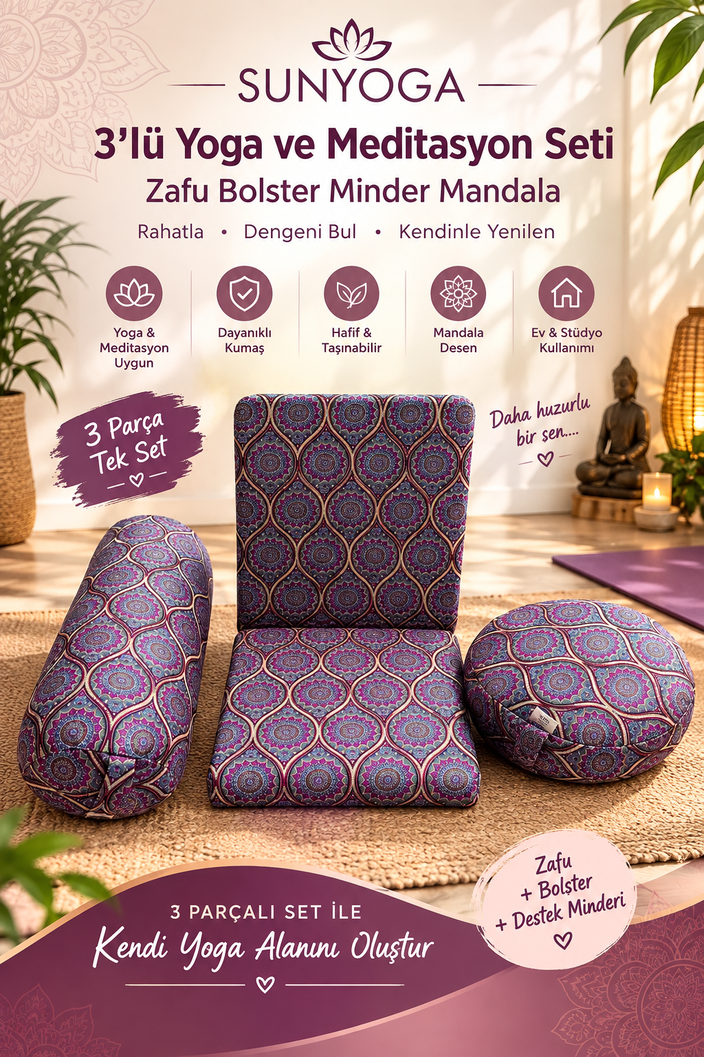 3'lü Yoga ve Meditasyon Seti Zafu Bolster Minder Mandala