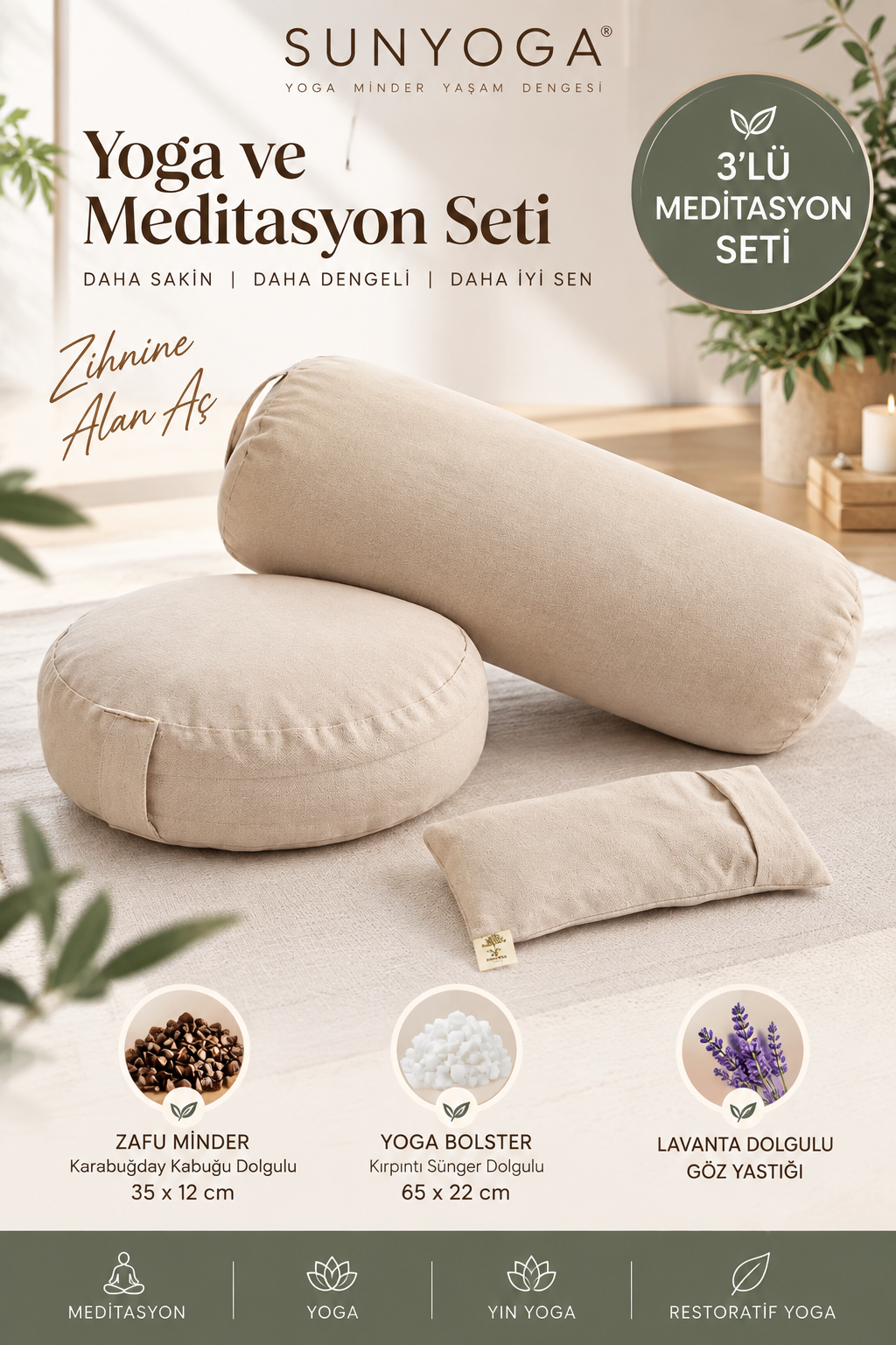 3’lü Yoga Meditasyon Seti Karabuğday Dolgulu Zafu Minder, Bolster ve Lavantalı Göz Yastığı
