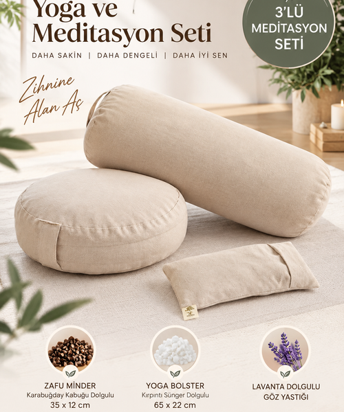 3’lü Yoga Meditasyon Seti Karabuğday Dolgulu Zafu Minder, Bolster ve Lavantalı Göz Yastığı