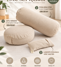 3’lü Yoga Meditasyon Seti Karabuğday Dolgulu Zafu Minder, Bolster ve Lavantalı Göz Yastığı