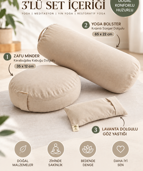 3’lü Yoga Meditasyon Seti Karabuğday Dolgulu Zafu Minder, Bolster ve Lavantalı Göz Yastığı