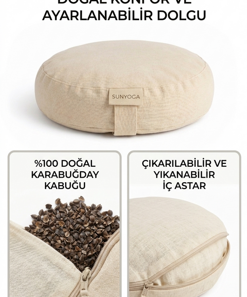 Doğal Karabuğday Kabuğu Dolgulu Meditasyon Minderi Zafu Krem 35x12 cm