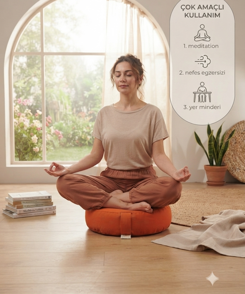 Doğal Karabuğday Kabuğu Dolgulu Meditasyon Minderi Zafu Turuncu 35x12 cm
