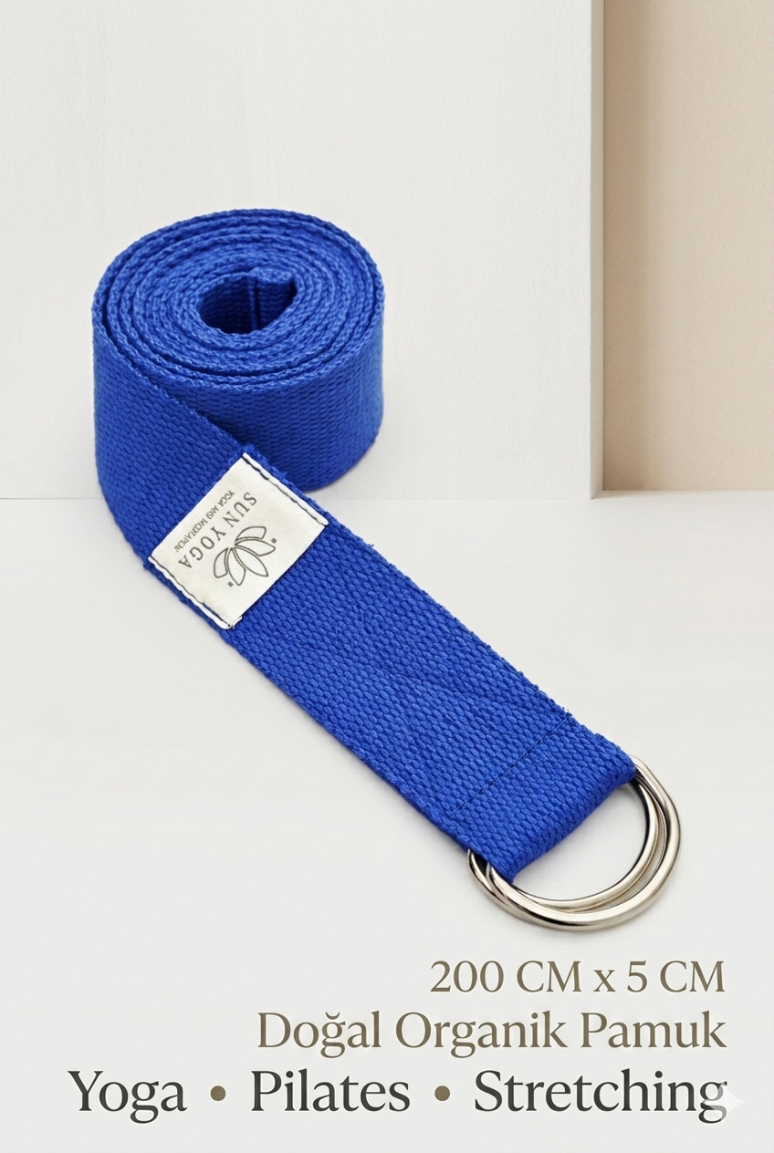 Doğal Organik Pamuk Yoga Kemeri Lacivert 200 CM x 5 CM Yoga Strap Pilates Esneme Kayışı Dayanıklı Tokalı Yoga Bandı