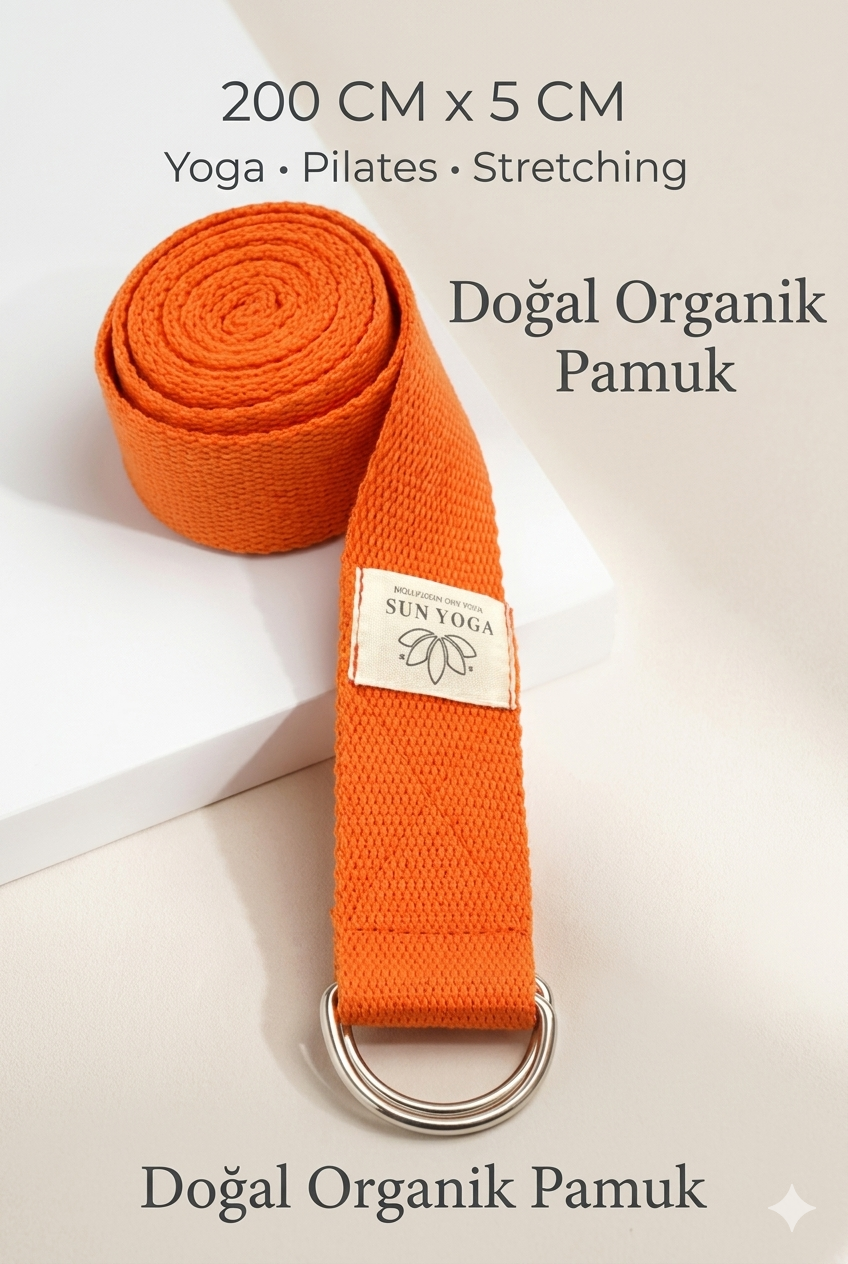 Doğal Organik Pamuk Yoga Kemeri Turuncu 200 CM x 5 CM Yoga Strap Pilates Esneme Kayışı Dayanıklı Tokalı Yoga Bandı