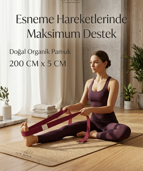 Doğal Organik Pamuk Yoga Kemeri Bordo 200 CM x 5 CM Yoga Strap Pilates Esneme Kayışı Dayanıklı Tokalı Yoga Bandı