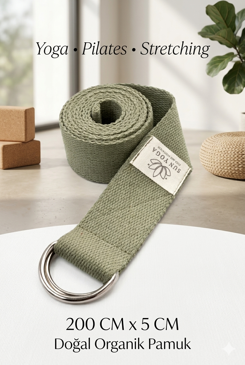 Doğal Organik Pamuk Yoga Kemeri Haki Yeşil 200 CM x 5 CM Yoga Strap Pilates Esneme Kayışı Dayanıklı Tokalı Yoga Bandı