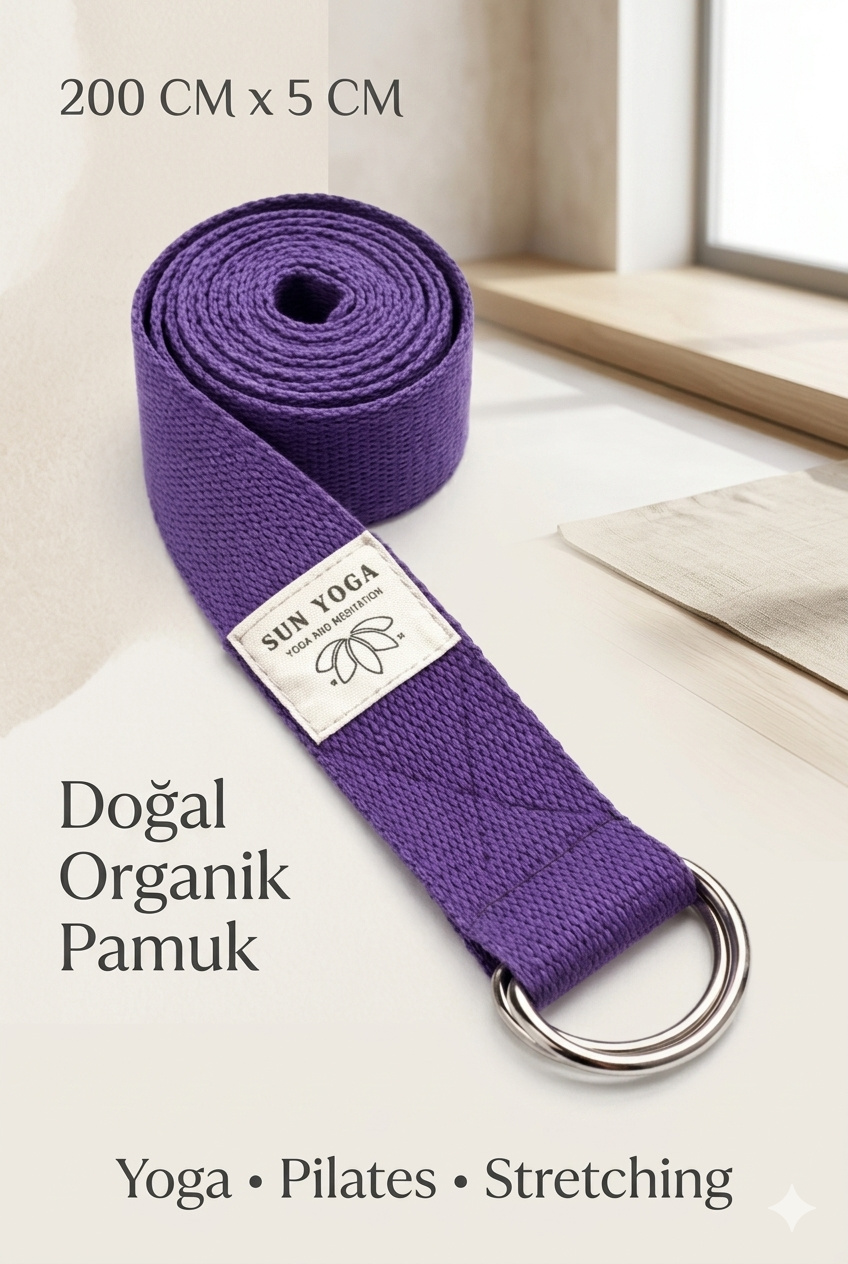 Doğal Organik Pamuk Yoga Kemeri Mor 200 CM x 5 CM Yoga Strap Pilates Esneme Kayışı Dayanıklı Tokalı Yoga Bandı