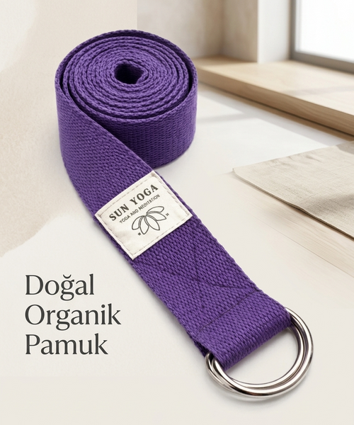 Doğal Organik Pamuk Yoga Kemeri Mor 200 CM x 5 CM Yoga Strap Pilates Esneme Kayışı Dayanıklı Tokalı Yoga Bandı
