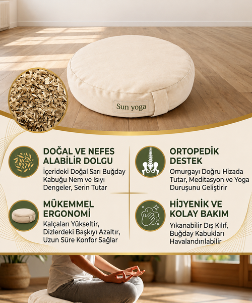 Doğal Sarı Buğday Kabuğu Dolgulu Meditasyon Minderi Ortopedik Yoga Minderi Zafu Meditasyon Yastığı Ekru