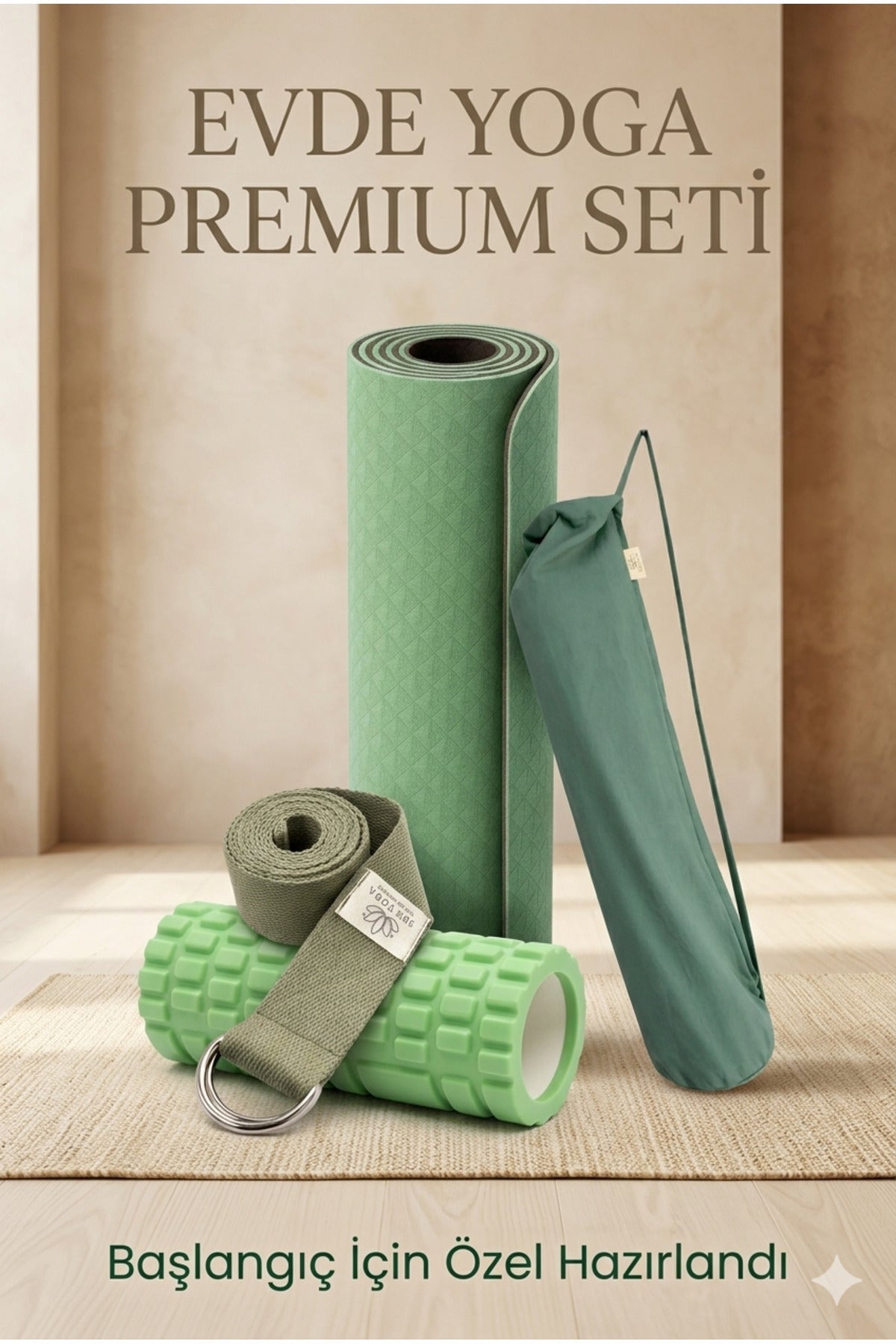 Evde Yoga Premium Seti – Yoga Matı, Mat Çantası, Yoga Kemeri ve Foam Roller İçeren Başlangıç Yoga ve Pilates Seti