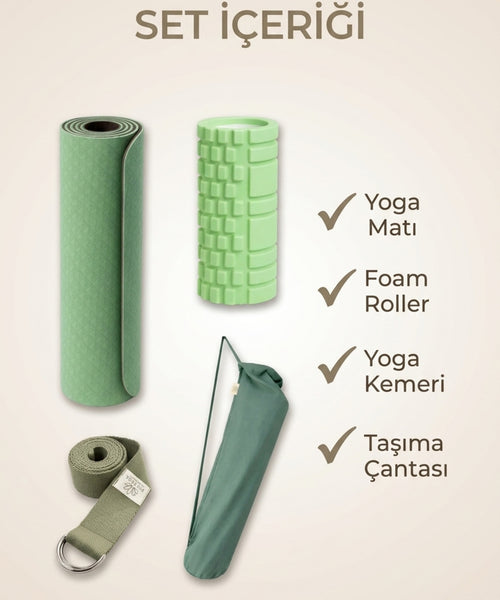 Evde Yoga Premium Seti – Yoga Matı, Mat Çantası, Yoga Kemeri ve Foam Roller İçeren Başlangıç Yoga ve Pilates Seti