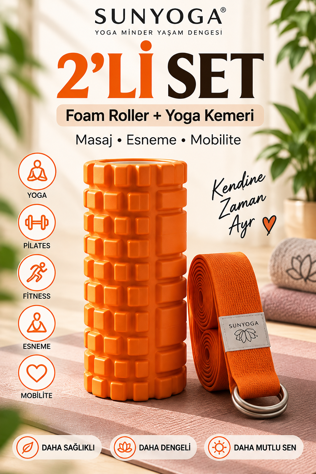 Foam Roller ve Yoga Kemeri Seti Orta Sert EVA Masaj Rulosu 33x14 cm 200 cm Pamuk Kemer