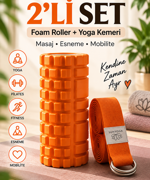 Foam Roller ve Yoga Kemeri Seti Orta Sert EVA Masaj Rulosu 33x14 cm 200 cm Pamuk Kemer