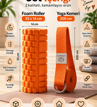 Foam Roller ve Yoga Kemeri Seti Orta Sert EVA Masaj Rulosu 33x14 cm 200 cm Pamuk Kemer