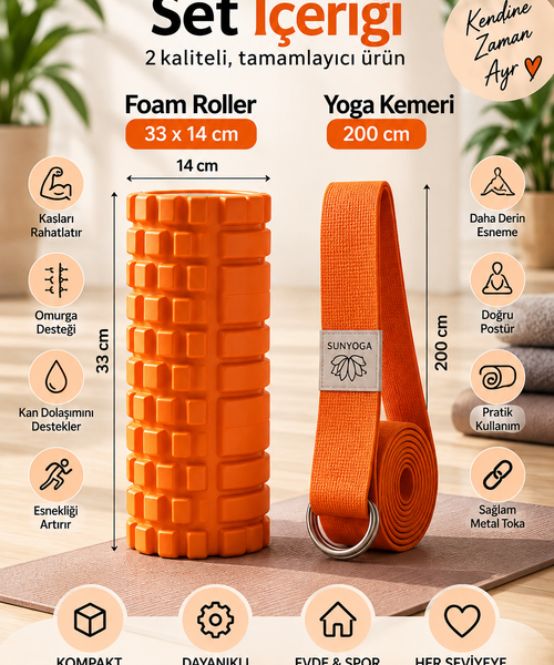 Foam Roller ve Yoga Kemeri Seti Orta Sert EVA Masaj Rulosu 33x14 cm 200 cm Pamuk Kemer