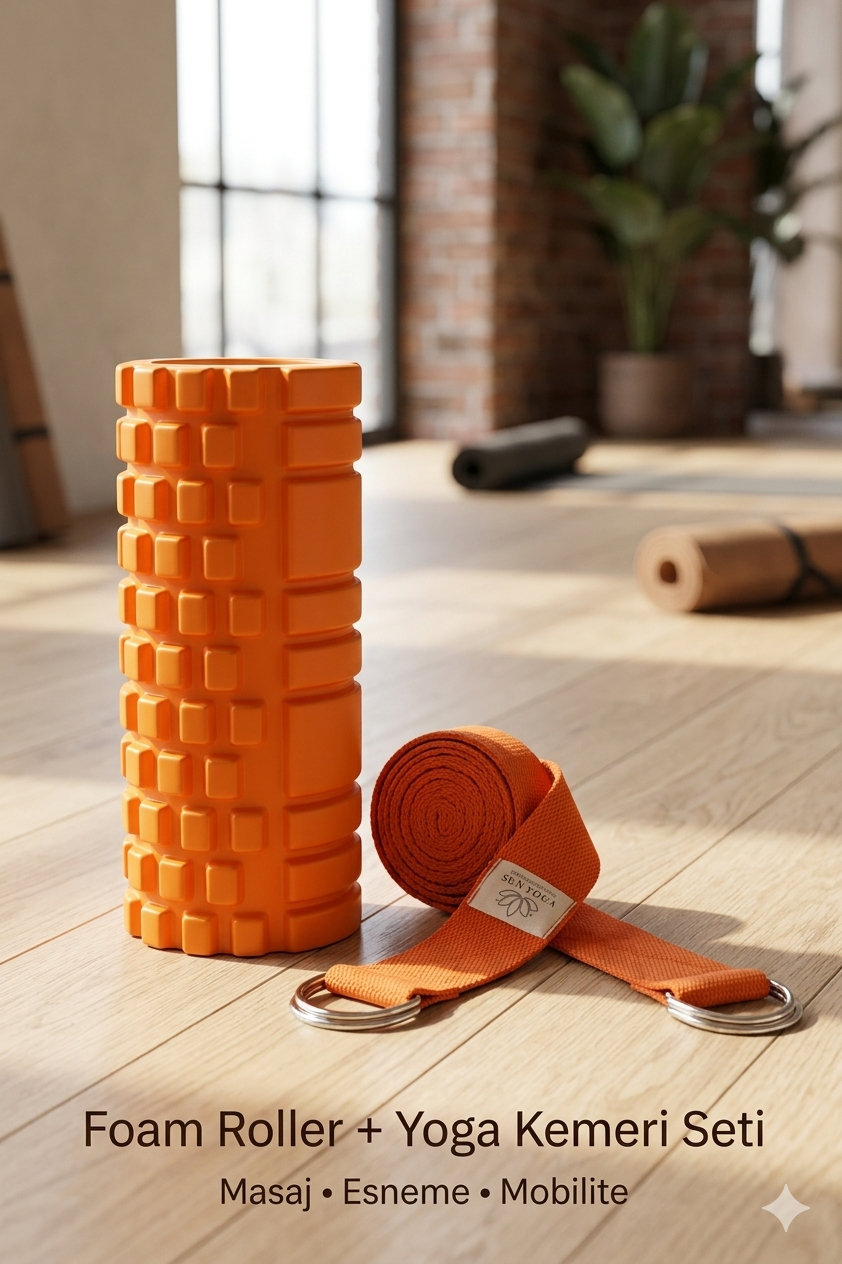 Foam Roller ve Yoga Kemeri Seti | EVA Masaj Rulosu Pilates Silindiri | 200 cm Organik Pamuk Yoga Kemeri | Fitness Esneme Seti