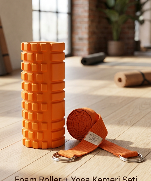 Foam Roller ve Yoga Kemeri Seti | EVA Masaj Rulosu Pilates Silindiri | 200 cm Organik Pamuk Yoga Kemeri | Fitness Esneme Seti