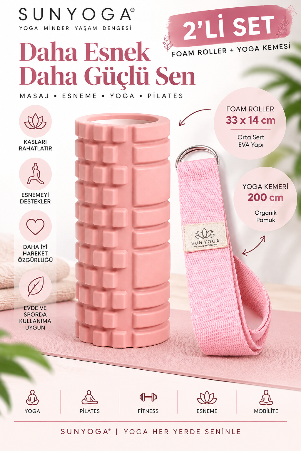 Foam Roller ve Yoga Kemeri Seti Orta Sert EVA Masaj Rulosu 33x14 cm 200 cm Pamuk Kemer