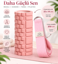 Foam Roller ve Yoga Kemeri Seti Orta Sert EVA Masaj Rulosu 33x14 cm 200 cm Pamuk Kemer