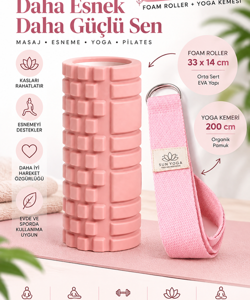 Foam Roller ve Yoga Kemeri Seti Orta Sert EVA Masaj Rulosu 33x14 cm 200 cm Pamuk Kemer