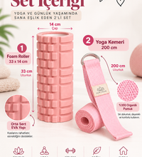 Foam Roller ve Yoga Kemeri Seti Orta Sert EVA Masaj Rulosu 33x14 cm 200 cm Pamuk Kemer