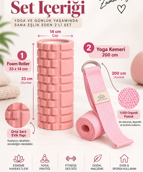 Foam Roller ve Yoga Kemeri Seti Orta Sert EVA Masaj Rulosu 33x14 cm 200 cm Pamuk Kemer