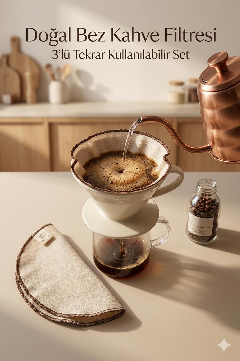 Ham Keten Bez Kahve Filtresi 3’lü Set – Tekrar Kullanılabilir Filtre | V60, Dripper ve Manuel Demleme Uyumlu
