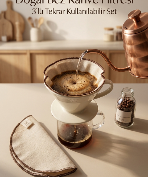 Ham Keten Bez Kahve Filtresi 3’lü Set – Tekrar Kullanılabilir Filtre | V60, Dripper ve Manuel Demleme Uyumlu