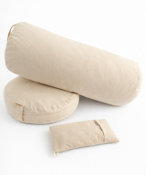 Karabuğday KabuğuKarabuğday Kabuğu Dolgulu Zafu Meditasyon Minderi Seti | Yoga Bolster + Lavanta Göz Yastığı | Organik Pamuk Keten | Meditasyon Yoga Pilates
