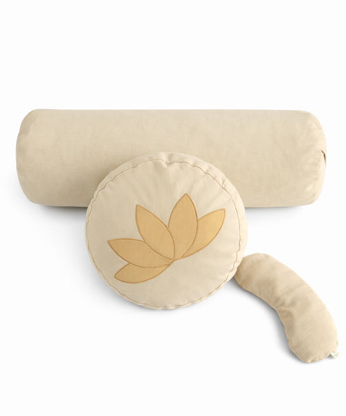 Karabuğday Kabuğu Dolgulu Zafu Minder Nakış işlemeli + Bolster + Lavanta Dolgulu Göz Yastığı