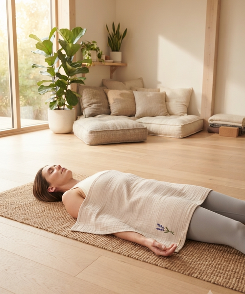 Meditasyon Şalı %100 Pamuk Müslin Yoga Şalı Lavanta Nakışlı Savasana Meditasyon Örtüsü Nefes Egzersizi Battaniyesi Bej