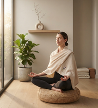 Meditasyon Şalı %100 Pamuk Müslin Yoga Şalı Lavanta Nakışlı Savasana Meditasyon Örtüsü Nefes Egzersizi Battaniyesi Bej