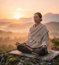 Meditasyon Şalı %100 Pamuk Müslin Yoga Şalı Lavanta Nakışlı Savasana Meditasyon Örtüsü Nefes Egzersizi Battaniyesi Bej