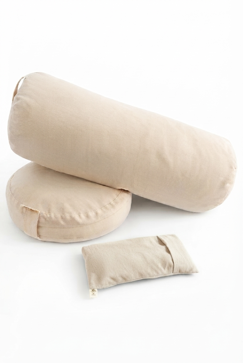 Meditasyon Minderi Seti Karabuğday Kabuğu Dolgulu Zafu Minder, Yoga Bolster ve Lavanta Dolgulu Göz Yastığı | Yoga, Meditasyon, Yin Yoga ve Restoratif Yoga