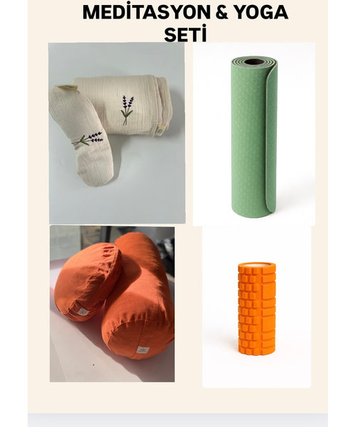 Meditasyon ve Yoga Seti – Karabuğday Kabuğu Dolgulu Minder, Göz Yastığı + Şal, Bolster, Mat