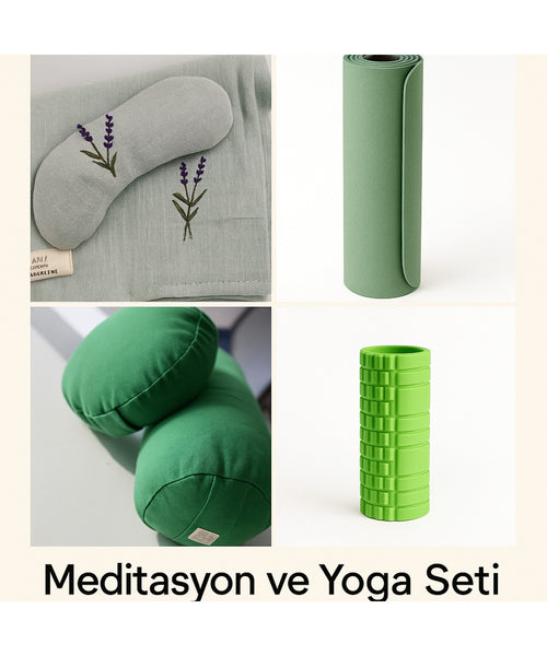 Meditasyon ve Yoga Seti – Karabuğday Kabuğu Dolgulu Minder, Göz Yastığı + Şal, Bolster, Mat
