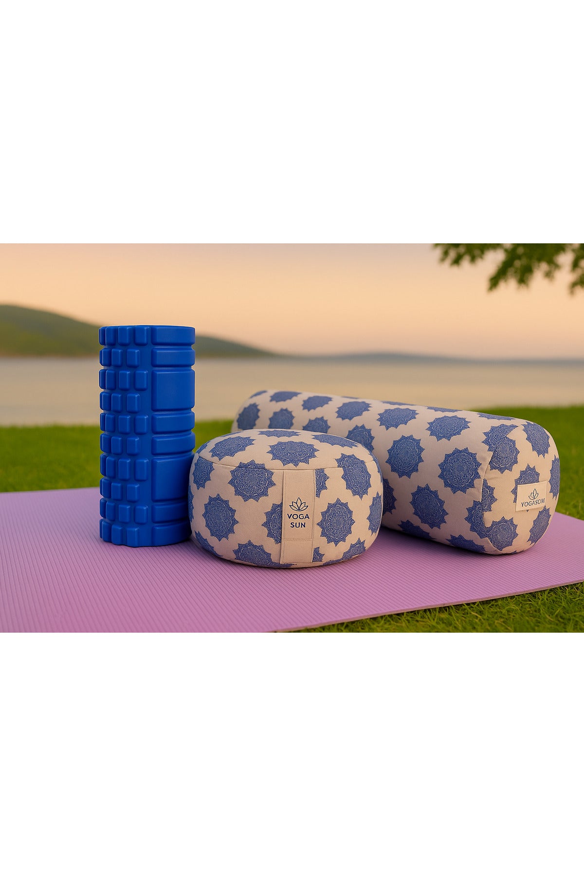 Zafu meditasyon minderi -Bolster- Foam roller üçü birlikte