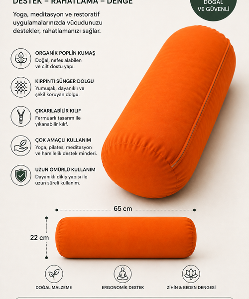 Yoga Bolster Organik Poplin Kumaş Kırpıntı Sünger Dolgulu Meditasyon Yastığı Pilates Destek Minderi 65x22 cm