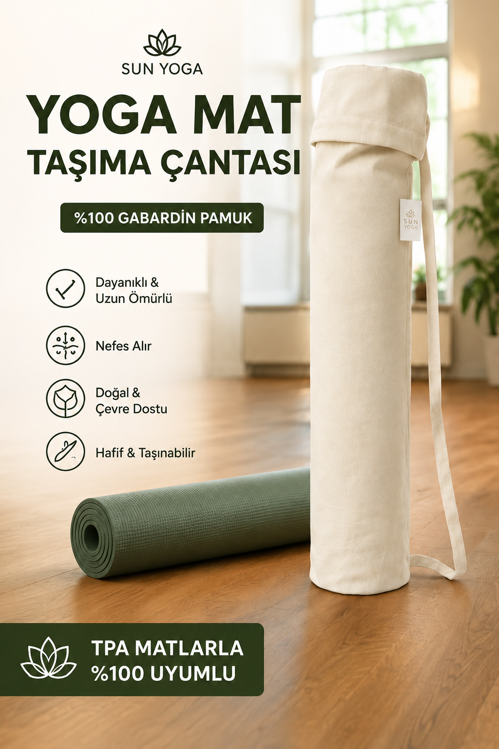 Yoga Matı Çantası %100 Pamuk Gabardin TPE Pilates Minderi Taşıma Çantası Ayarlanabilir Askılı