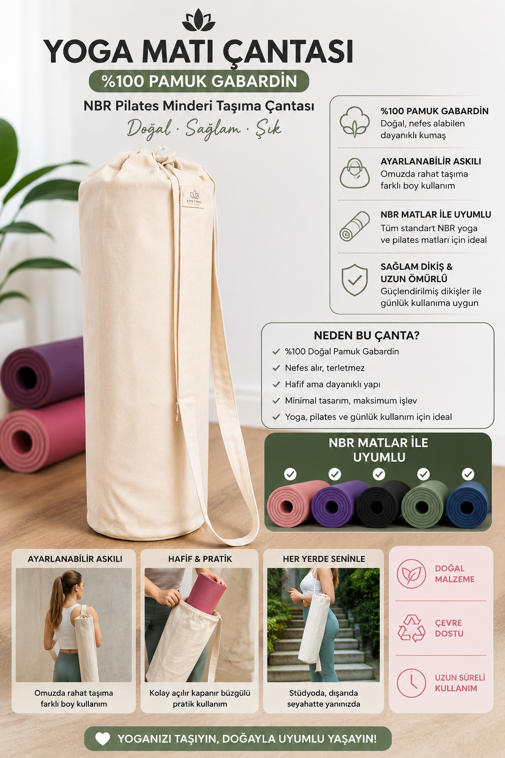 Yoga Matı Çantası Büyük Boy %100 Pamuk Gabardin NBR Pilates Minderi Taşıma Çantası Ayarlanabilir Askılı