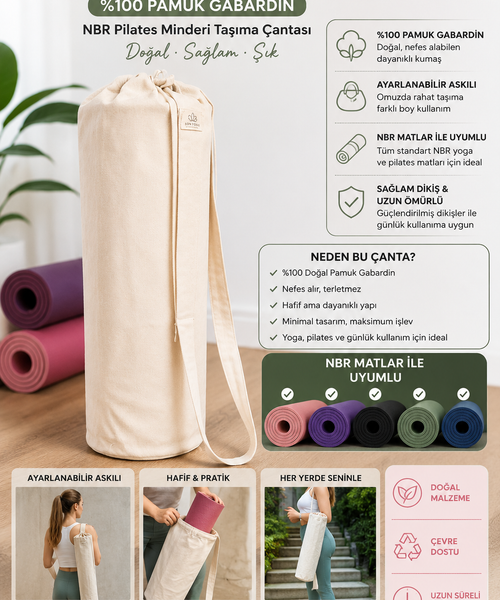 Yoga Matı Çantası Büyük Boy %100 Pamuk Gabardin NBR Pilates Minderi Taşıma Çantası Ayarlanabilir Askılı