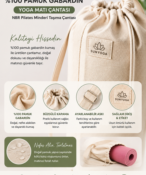 Yoga Matı Çantası Büyük Boy %100 Pamuk Gabardin NBR Pilates Minderi Taşıma Çantası Ayarlanabilir Askılı