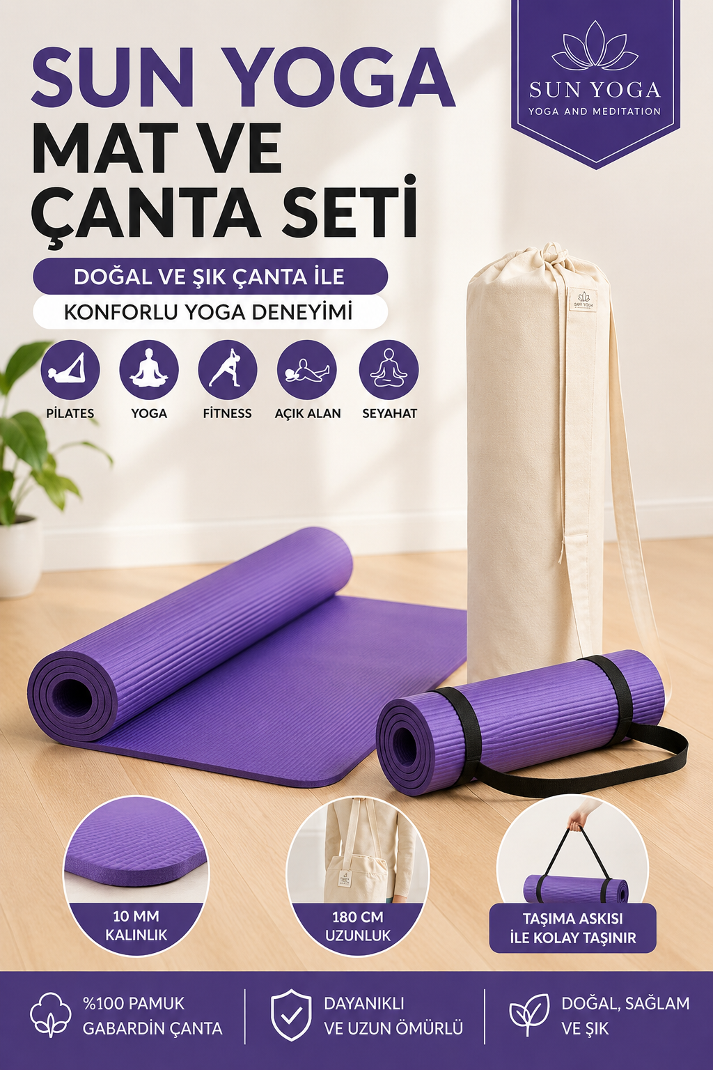 Yoga Seti 10 mm Kaymaz Mat ve %100 Pamuk Çanta
