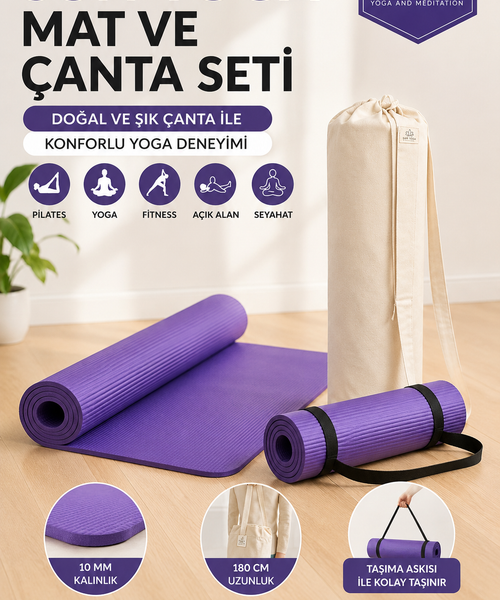 Yoga Seti 10 mm Kaymaz Mat ve %100 Pamuk Çanta
