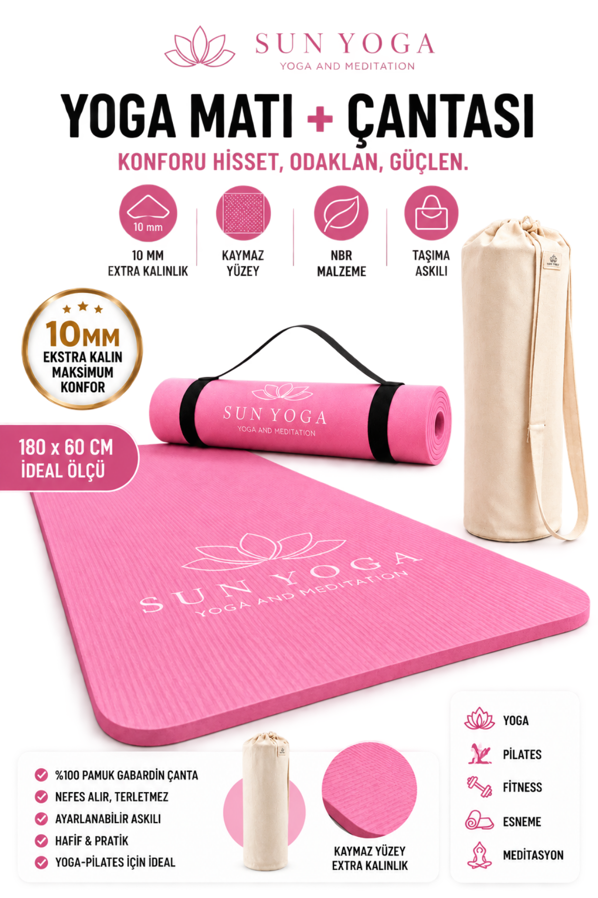 Yoga Seti 10 mm Kaymaz Mat ve %100 Pamuk Çanta